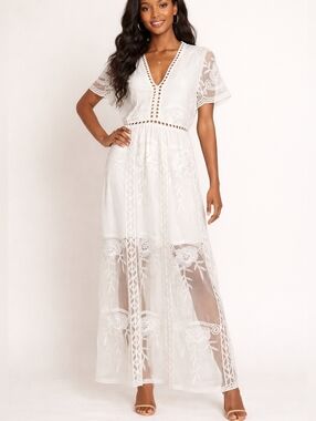 Shein White Lace Maxi Dress Sheer Sz L Wedding Fairycore Special Occasion